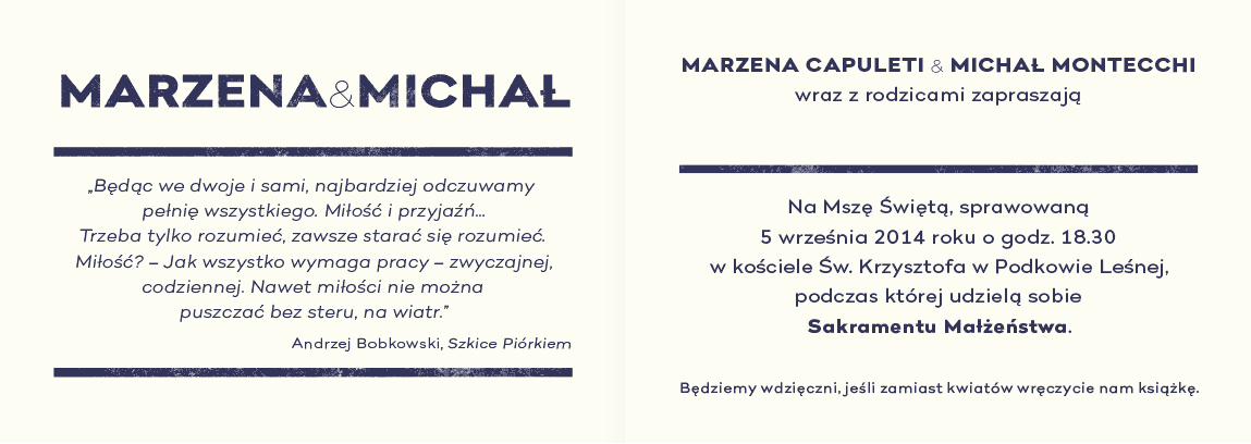 Projekt minimalistycznego zaproszenia na ślub z dopracowaną typografią.