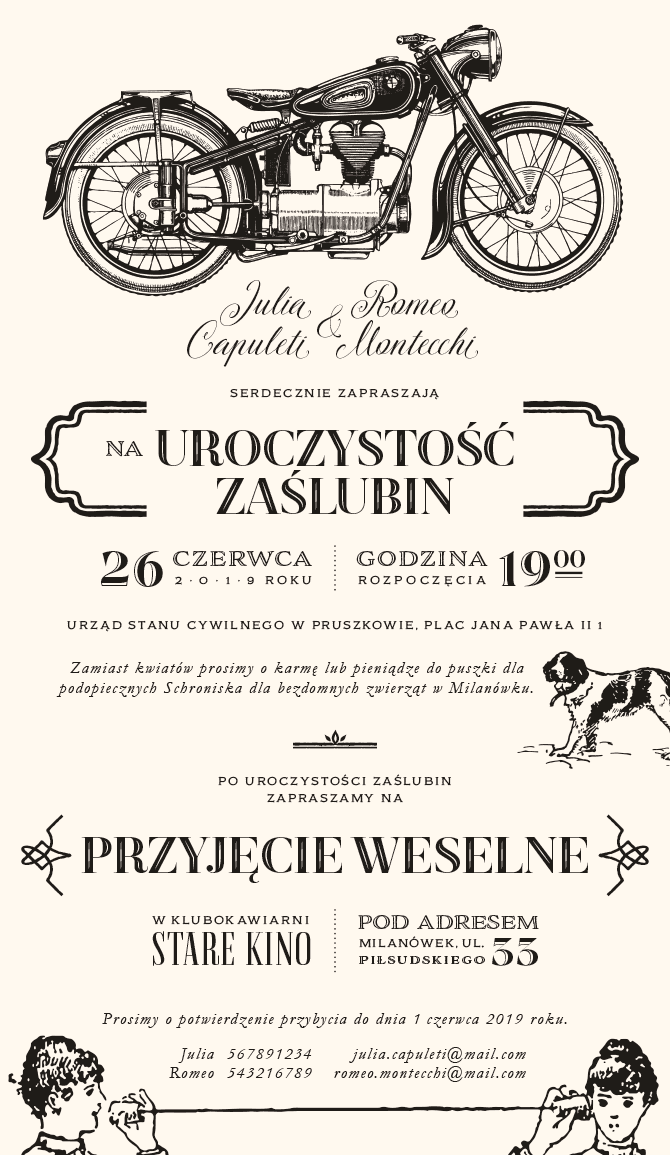 Eleganckie zaproszenie ślubne z liternictwem retro, motywem motocykla i dawnymi ilustracjami.