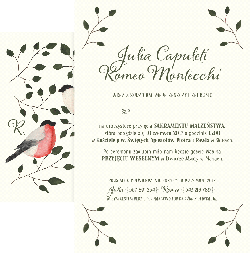 Eleganckie zaproszenie ślubne z klasycznym liternictwem w stylu retro i ilustracją z ptakami