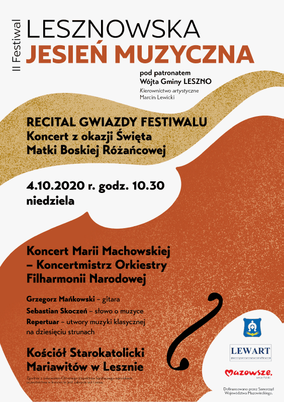 projekt artystycznego plakatu koncertu muzyki klasycznej z koncertmistrz Orkiestry Filharmonii Narodowej podczas festiwalu Lesznowska Jesień Muzyczna, przedstawia instrumenty - gitarę i skrzypce