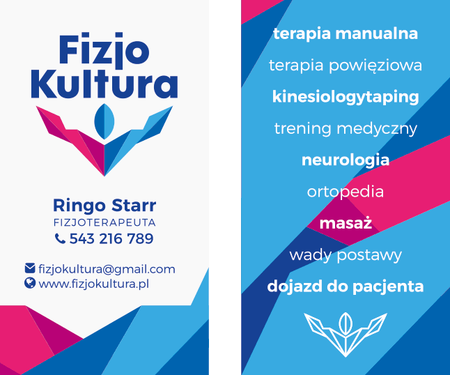 projekt wizytówki dla fizjoterapeuty Fizjokultura. Na tyle lista usług medycznych na tle z motywu na podstawie logo.