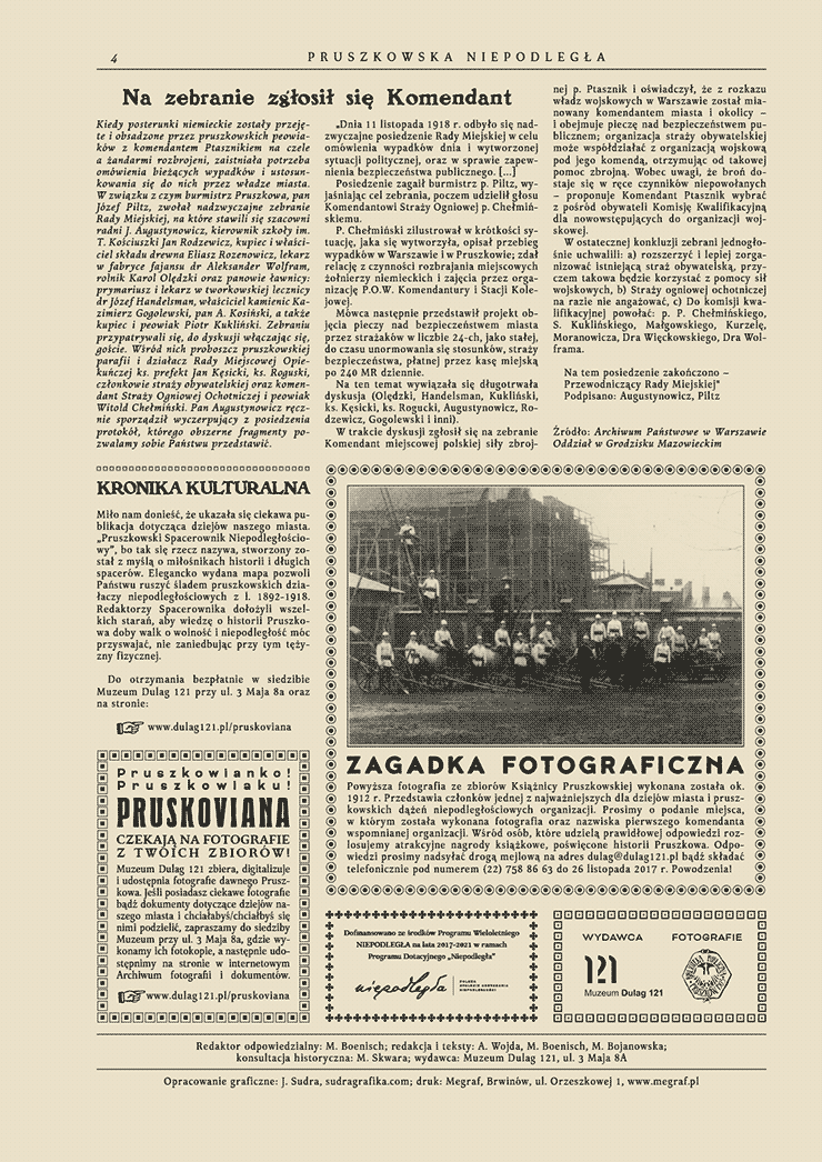 Strona gazety jednodniówki w stylu retro na Święto Niepodległości, wzorowanej na gazecie Głos Pruszkowa z 1928 roku.