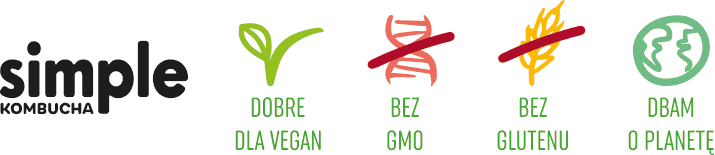 projekt prostych odręcznych rysowanych symboli korzyści benefitów na opakowanie napoju Simple kombucha oznaczające produkt wegański, bez glutenu, bez gmo, ekologiczny i naturalny