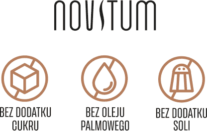 projekt linearnych piktogramów korzyści benefitów na opakowanie zdrowej żywności marki Novitum oznaczające produkt bez oleju palmowego, dodatku cukru i soli