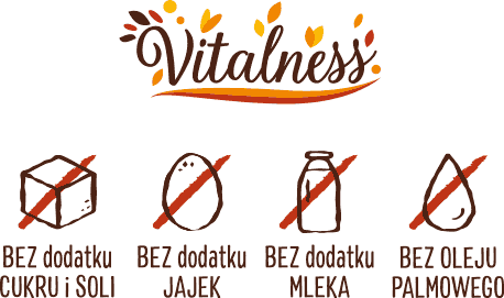 projekt odręcznych rysowanych symboli korzyści benefitów na opakowanie zdrowych słodyczy marki Vitalness oznaczające produkt bez oleju palmowego, dodatku cukru, soli, mleka i jajek