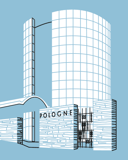 linearna ilustracja wektorowa z architekturą modernizmu II RP, Paryż, Pawilon Polski na Wystawę Światową