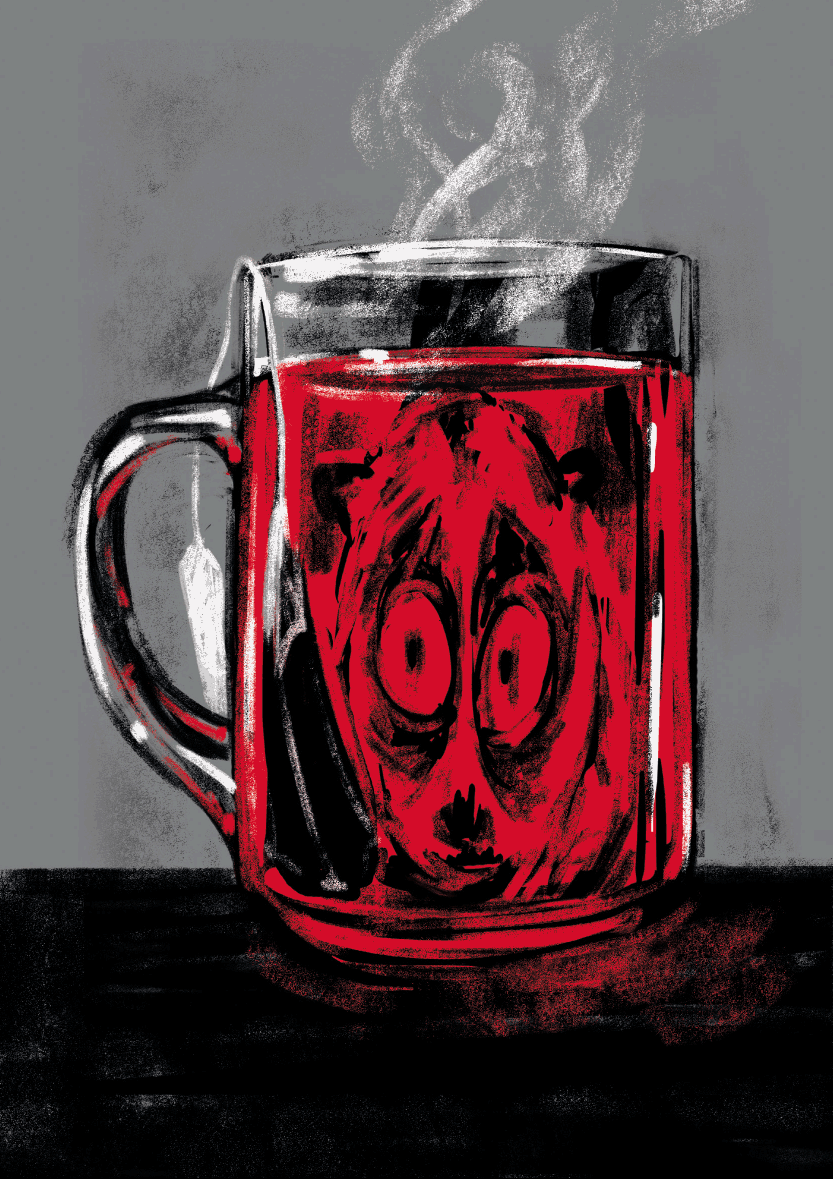 rysowana ilustracja do kampanii Fundacji Panoptyko o inwigilacji, przedstawia kukanga - wystraszone zwierzę podglądane przez szklankę z herbatą, jak przez szklaną kulę