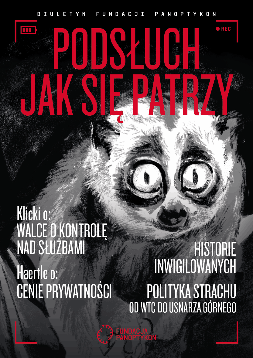 okładka w stylu magazynu dla biuletynu fundacji panoptykon. na okładce kukang, małe zwierzę z dużymi oczami