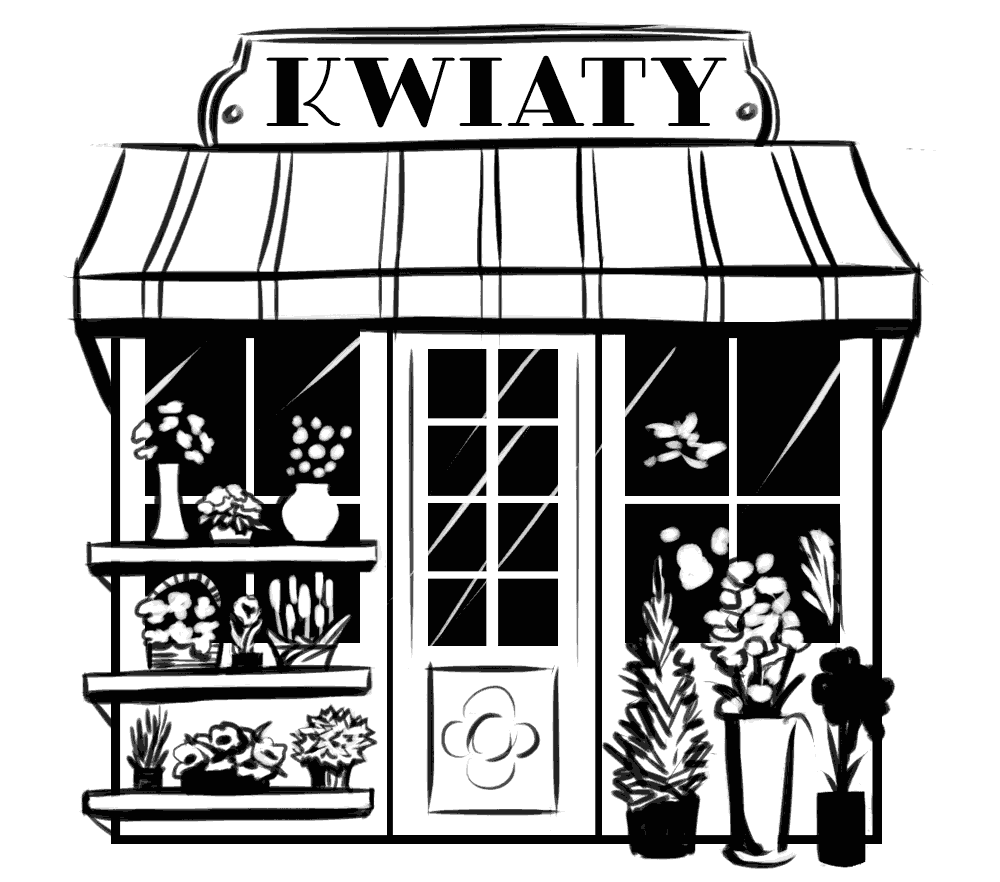 Realistyczna ilustracja, rysunek witryny kwiaciarni z kwiatami.