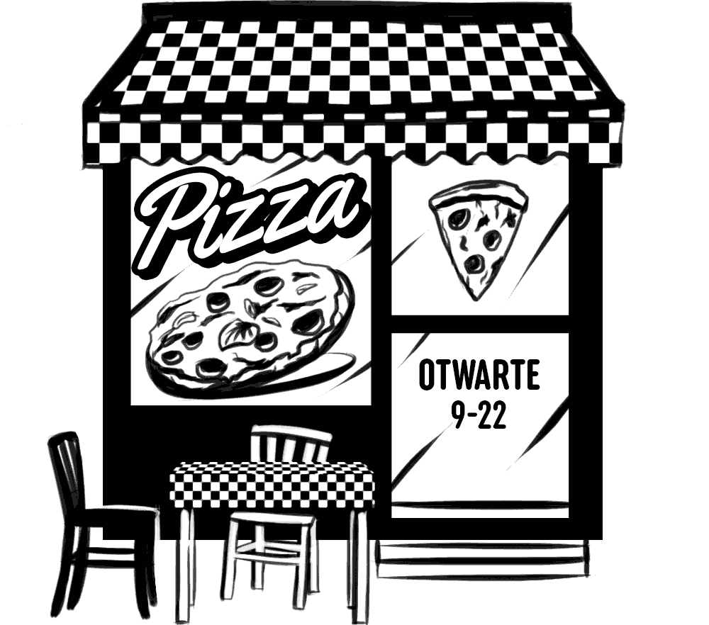 Realistyczna ilustracja, rysunek frontu restauracji pizzerii.
