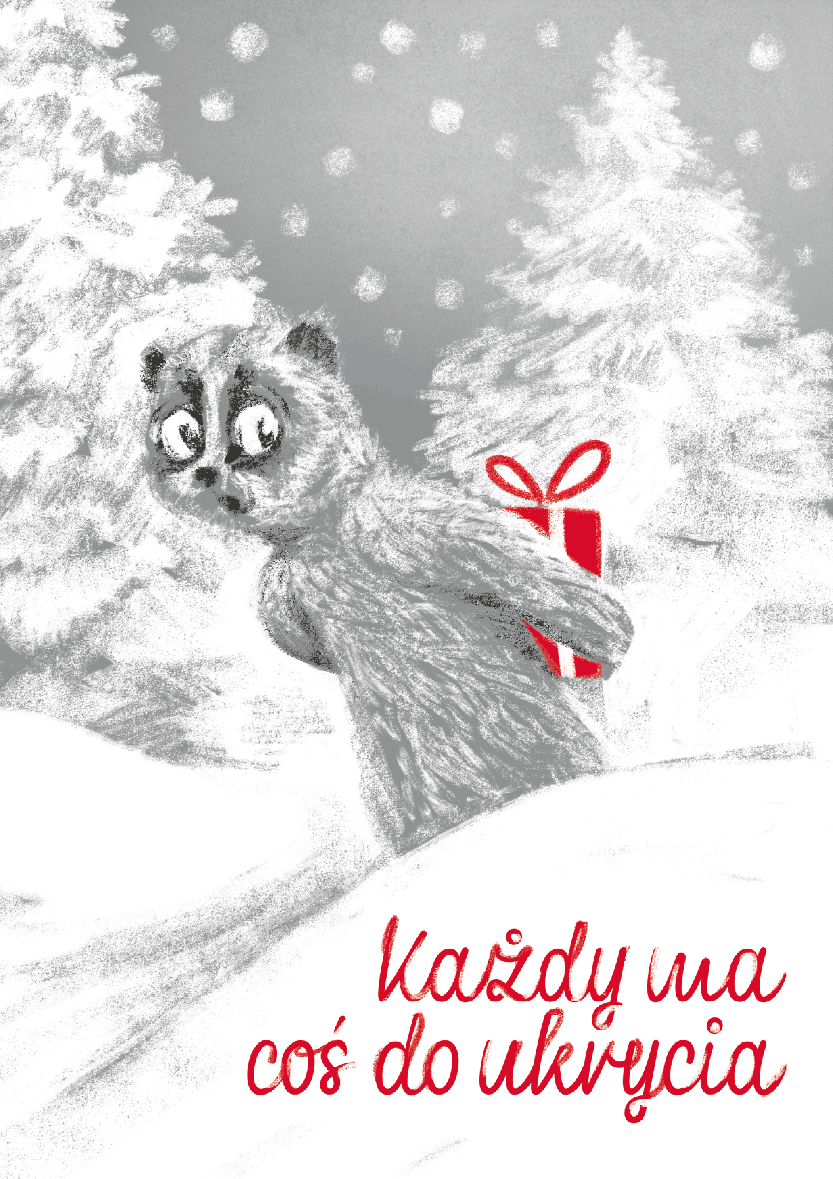 rysowana ilustracja na kartkę świąteczną do kampanii Fundacji Panoptyko o inwigilacji, przedstawia kukanga chowającego za sobą prezent, kartka drukowana była ze srebrną farbą Pantone