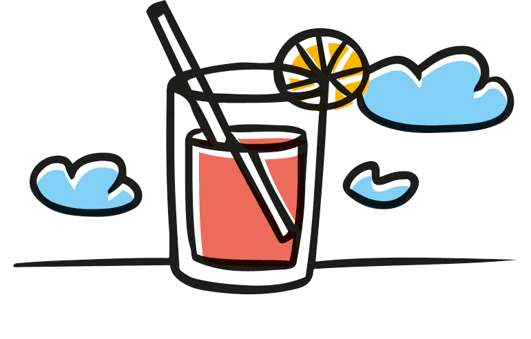 kolorowa, wesoła ilustracja, rysunek z obrysem, przedstawiający szklankę napoju kombucha