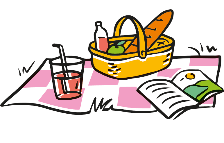 kolorowa, wesoła ilustracja, rysunek z obrysem, przedstawiający piknik z kocem i koszem przekąsek oraz napojem kombucha