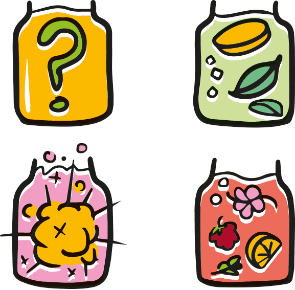 kolorowe, wesołe ilustracje, rysunki z obrysem, ikony przedstawiające proces fermentacji i produkcji napoju kombucha