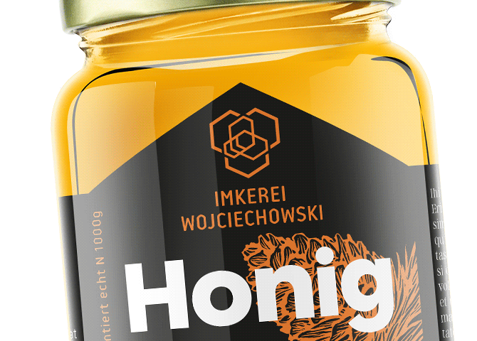 wizualizacja linearnego projektu logo marki pasieki na etykiecie opakowania miodu