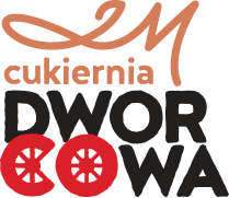 logotyp Cukiernia Dworcowa z napisem w kształcie lokomotywy z dużymi czerwonymi kołami