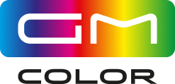 projekt logo firmy barwienia tworzyw GM Color, minimalistyczne z kolorowym gradientem tęczy
