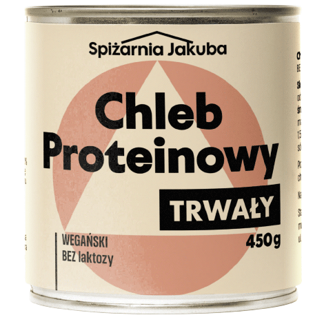 projekt etykiety na puszkę chleba długotrwałego proteinowego w minimalistycznym geometrycznym plakatowym stylu dla produktów survivalowych, w kolorach pastelowych oraz naturalnego beżu