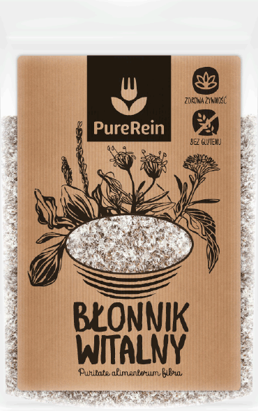 PureRein, etykieta, opakowanie na błonnik witalny, babka płesznik i jajowata zdrowa żywność. Odręczna ilustracja i typografia, naturalny papier pakowy