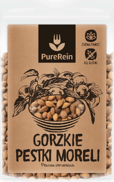 PureRein, etykieta, opakowanie na gorzkie pestki moreli, zdrowa żywność. Odręczna ilustracja i typografia, naturalny papier pakowy