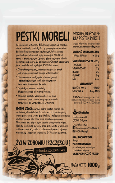 PureRein, etykieta, opakowanie na pestki morel. Projekt panela tylnego etykiety.