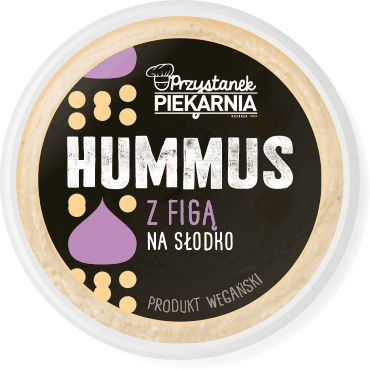 Przystanek Piekarnia, oryginalna czarna etykieta, opakowania na hummus słodki z figą, z minimalistyczną grafiką i odręczną typografią