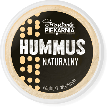 Przystanek Piekarnia, oryginalna czarna etykieta, opakowania na hummus naturalny z minimalistyczną grafiką i odręczną typografią