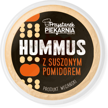 Przystanek Piekarnia, oryginalna czarna etykieta, opakowania na hummus z suszonym pomidorem, z minimalistyczną grafiką i odręczną typografią