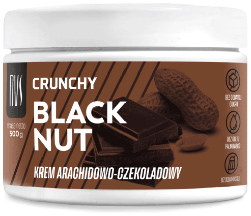elegancki projekt ciemnej brązowej etykiety opakowania zdrowego kremu orzechowo czekoladowego dla branży fitness premium ze zdjęciem składników