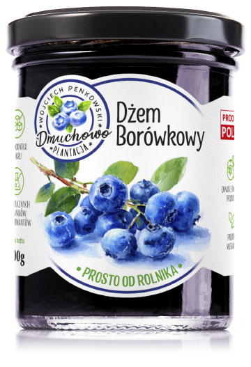 projekt białej etykiety ze pieczęcią stempla logo na szklany słoik dżemu borówkowego własnego przetwórstwa Plantacji Dmuchowo z botaniczną ilustracją owoców w stylu akwareli