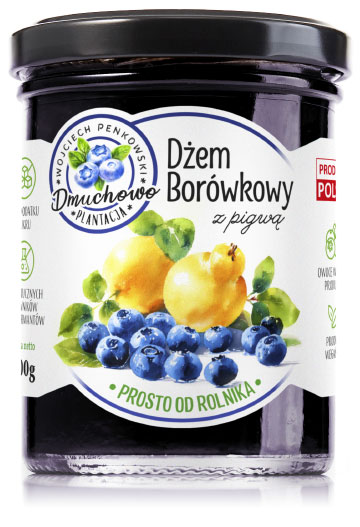 projekt białej etykiety ze pieczęcią stempla logo na szklany słoik dżemu borówkowego z pigwą własnego przetwórstwa Plantacji Dmuchowo z botaniczną ilustracją owoców w stylu akwareli