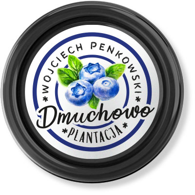 projekt białej etykiety na wieczko słoika przetworów z borówkowek własnego przetwórstwa Plantacji Dmuchowo z pieczęcią stempla logo z botaniczną ilustracją owoców w stylu akwareli