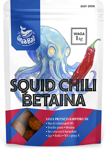 projekt biało-niebieskiego opakowania doypack z akwarelowymi ilustracjami na przynęty wędkarskie karpiowe o smaku ośmiornica, betaina z chili