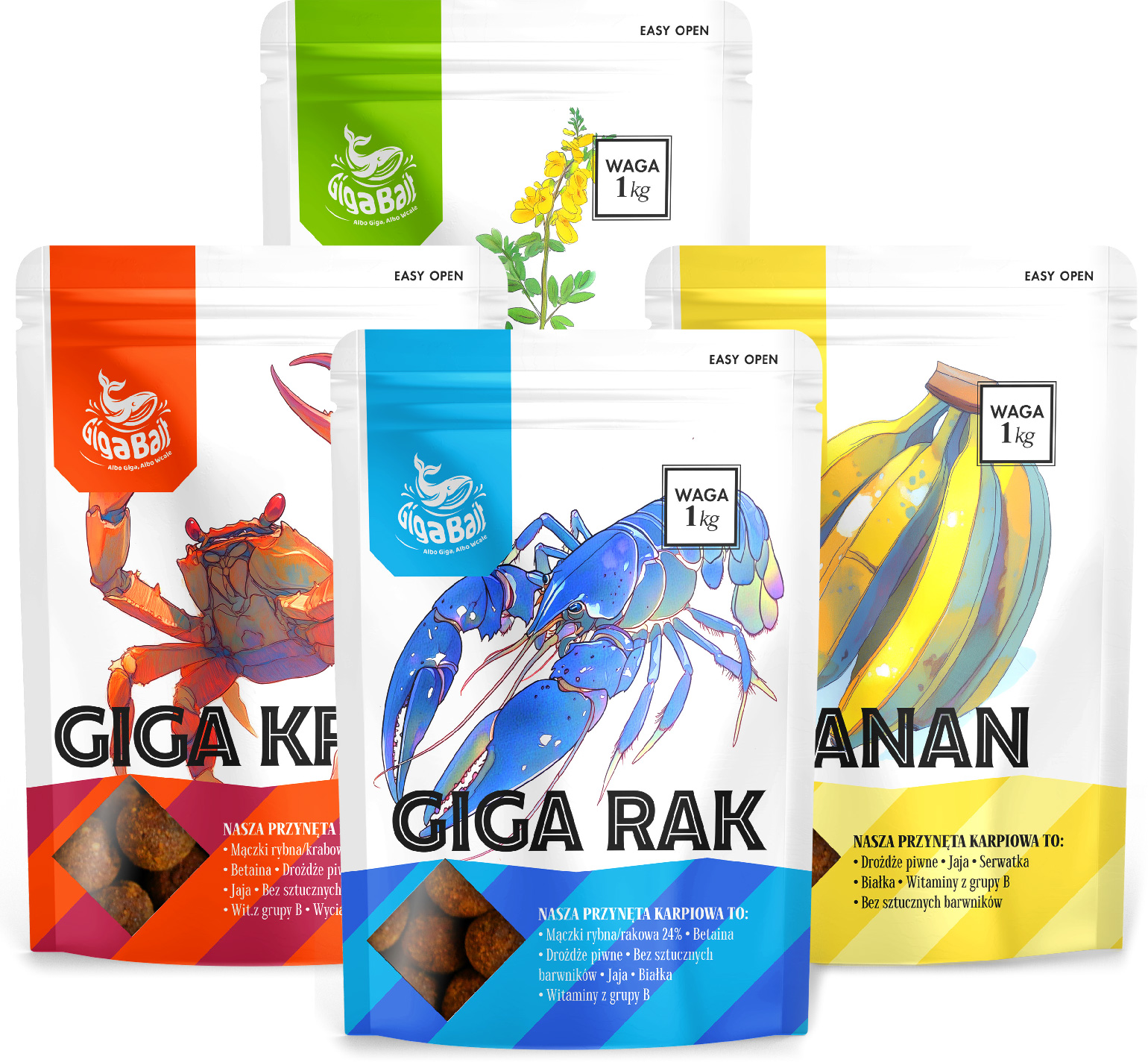 projekt białych opakowań doypack na przynęty wędkarskie karpiowe o smaku kraba, raka, banana i nostrzyka, z żywymi kolorami, akwarelowymi ilustracjami i typograficznym liternictwem retro
