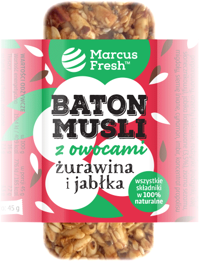 projekt prostej kolorowej etykiety na baton musli z żurawiną i jabłkiem, z grafiką z sylwetą owoców i ziaren