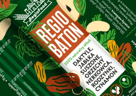 projekty opakowań naturalnych batonów RegioFood ze wzorem grafik przedstawiających składniki - owoce i orzechy