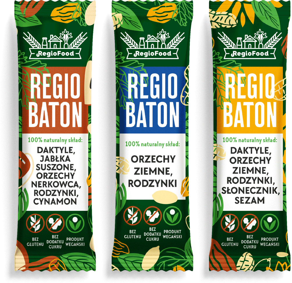 projekty opakowań naturalnych batonów RegioFood ze wzorem grafik przedstawiających składniki - owoce i orzechy