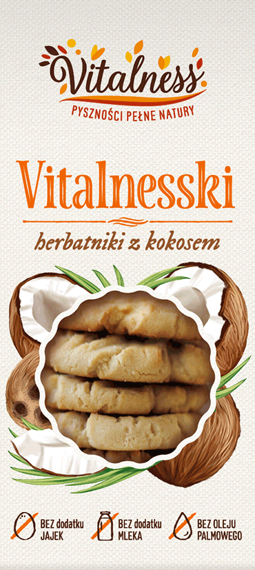 projekt etykiety na zdrowe herbatniki Vitalnesski z kokosem, z ręcznie malowaną ilustracją