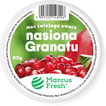 nowy projekt etykiet na nasiona granatu i cząstki kokosa, z wyretuszowanymi zdjęciami i dopracowanym liternictwem