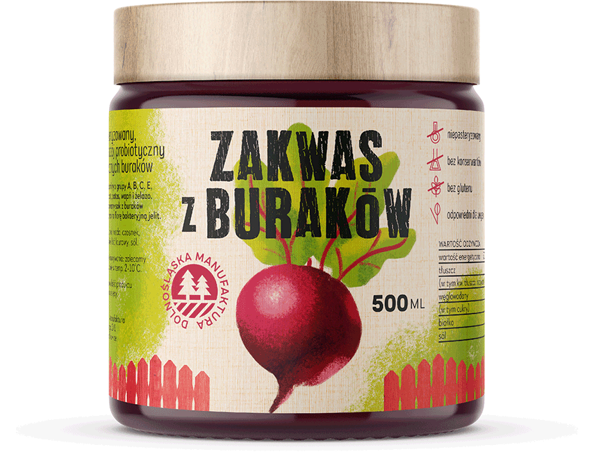 projekt etykiety z ręcznie malowanym warzywem i wiejskimi płotkami na opakowanie naturalnego zakwasu z buraków