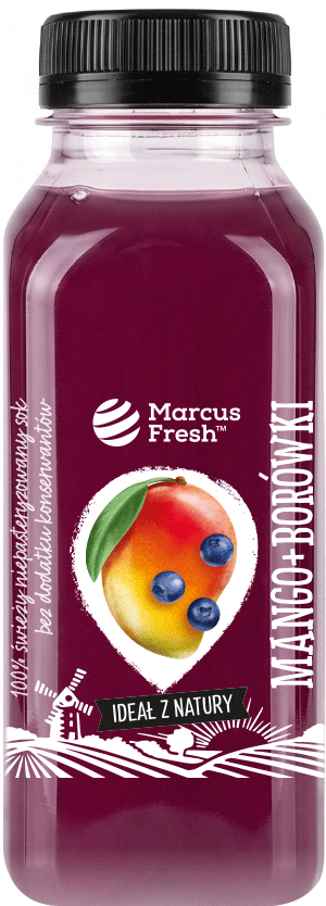 projekt przezroczystej etykiety na sok smoothie hpp z mango i borówek, z rysunkiem owoca i ilustracją wsi