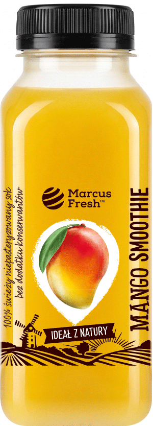 projekt przezroczystej etykiety na sok smoothie hpp z mango, z rysunkiem owoca i ilustracją wsi