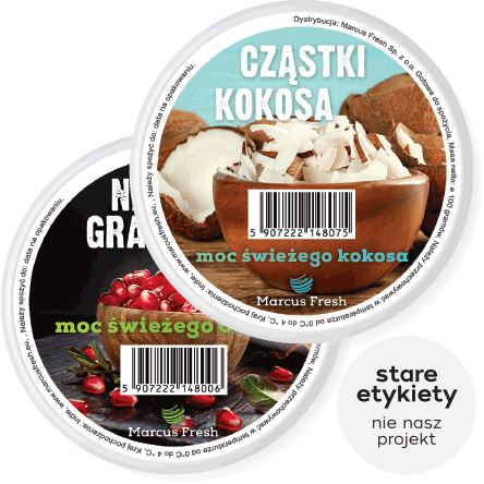 stare etykiety czątek kokosa i nasion granatu, które potrzebowały przeprojektowania, odświeżenia opakowań