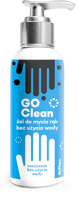 projekt etykiety na opakowanie żelu do mycia rąk z plakatową grafiką brudnej i czystej ręki jako ilustracją key visual
