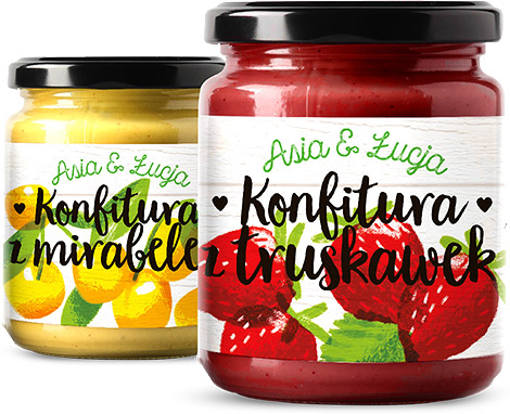 Słoiki konfitur z etykietami z odręcznymi ilustracjami owoców truskawki i mirabelki