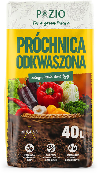 ogrodniczy projekt nadruku na worek foliowy próchnicy odkwaszonej firmy Pazio, z kolorami Pantone, zdjęciem roślin i ziemi oraz czytelnymi ikonami