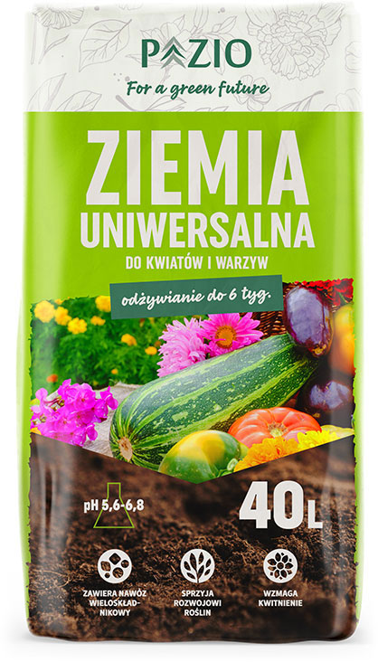 ogrodniczy projekt nadruku na worek foliowy ziemi uniwersalnej do kwiatów i warzyw firmy Pazio, z kolorami Pantone, zdjęciem roślin i ziemi oraz czytelnymi ikonami