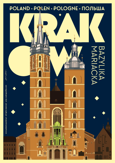 Plakat turystyczny z geometryczną ilustracją i typografią w stylu retro. Przedstawia Bazylikę Mariacką w Krakowie nocą.