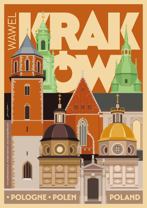 Plakat turystyczny z geometryczną ilustracją i typografią w stylu retro. Przedstawia Katedrę Wawelską w Krakowie.