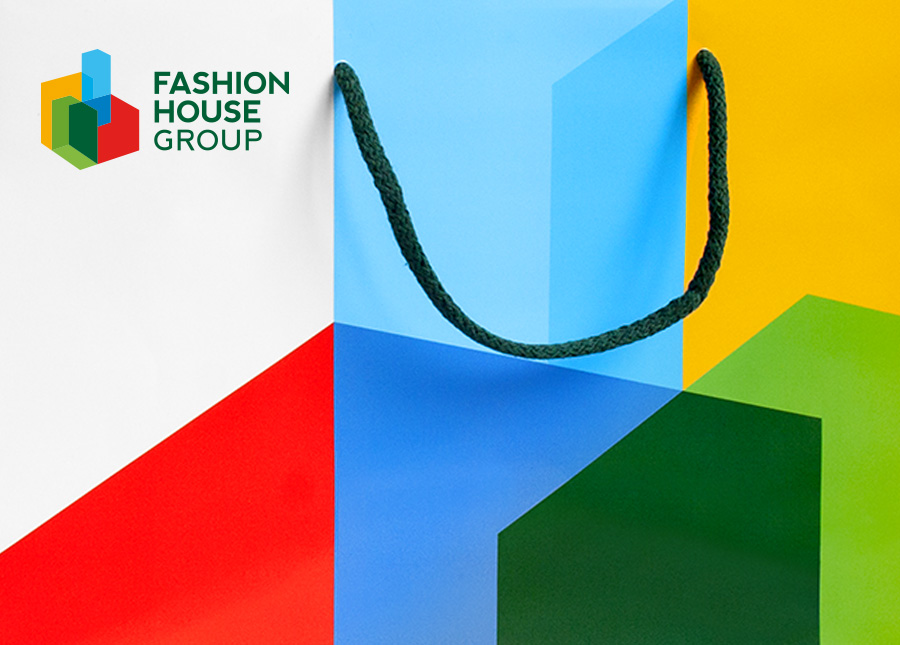 finalne logo dewelopera modowego Fashion Shouse Group jako przykład procesu projektowego projektowania logo, widok na obrandowanej torbie